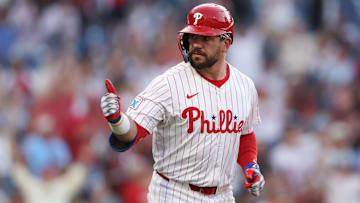 Apr 30, 2025; Philadelphia, Pennsylvania, USA; Philadelphia Phillies outfielder Kyle Schwarber (12) reacts after hitting a three RBI home run against the Washington Nationals during the first inning at Citizens Bank Park. 