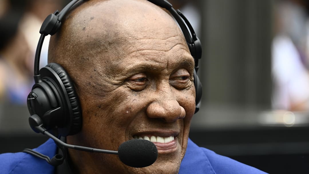 May 20, 2022; Chicago, Illinois, USA;  Former Chicago Cubs pitcher Fergie Jenkins speaks at Wrigley Field after his statue was unveiled. The statue will stand with other Cubs players outside the stadium. Mandatory Credit: Matt Marton-Imagn Images