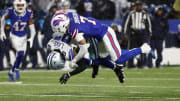 Buffalo Bills cornerback Taron Johnson (7) makes the tackle on Dallas Cowboys wide receiver CeeDee
