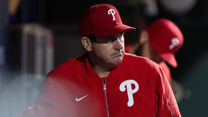 May 15, 2024; Philadelphia, Pennsylvania, USA; Philadelphia Phillies manager Rob Thomson looks on during the eighth inning against the New York Mets at Citizens Bank Park