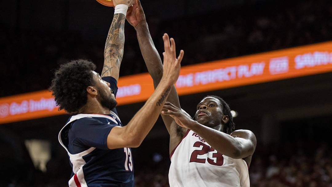 Oct 24, 2026; Fayetteville, AK, USA;  Gonzaga Bulldogs forward Izan Almansa (13) blocks a shot by Arkansas Razorbacks guard Jordan Smith Jr. (23) during the first half at Bud Walton Arena.  Mandatory Credit: Brett Rojo-Imagn Images