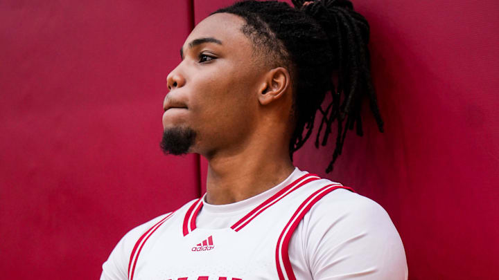 Hoosiers guard Jakai Newton answers a question during Indiana basketball media day at Simon Skjodt Assembly Hall in Bloomington.