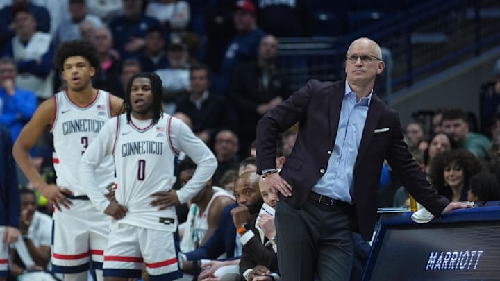 Feb 18, 2026; Storrs, Connecticut, USA; UConn Huskies head coach Dan Hurley watches from the sideline as they take on the Creighton Bluejays at Harry A. Gampel Pavilion.