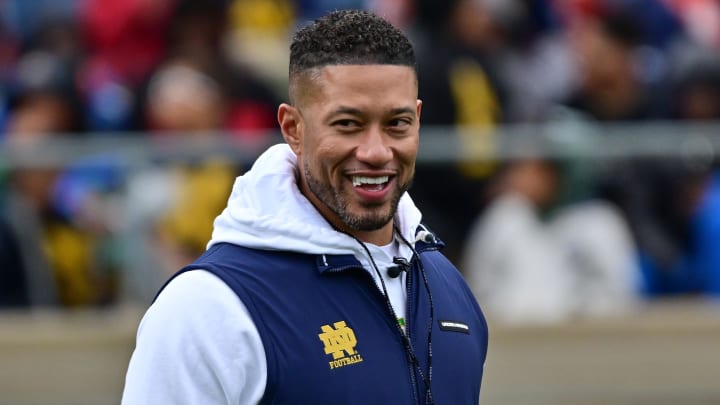 Apr 20, 2024; Notre Dame, IN, USA; Notre Dame Fighting Irish head coach Marcus Freeman watches in the Blue-Gold game at Notre Dame Stadium. 