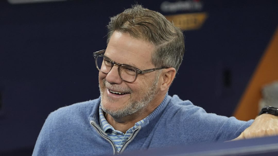 Oct 23, 2025; Toronto, ON, Canada; Toronto Blue Jays Executive Vice President, Baseball Operations and General Manager Ross Atkins talk during batting practice on media day before game one of the World Series at Rogers Centre.