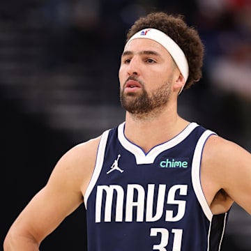 Apr 5, 2025; Inglewood, California, USA;  Dallas Mavericks guard Klay Thompson (31) looks on during the first half against the Los Angeles Clippers at Intuit Dome. Mandatory Credit: Kiyoshi Mio-Imagn Images