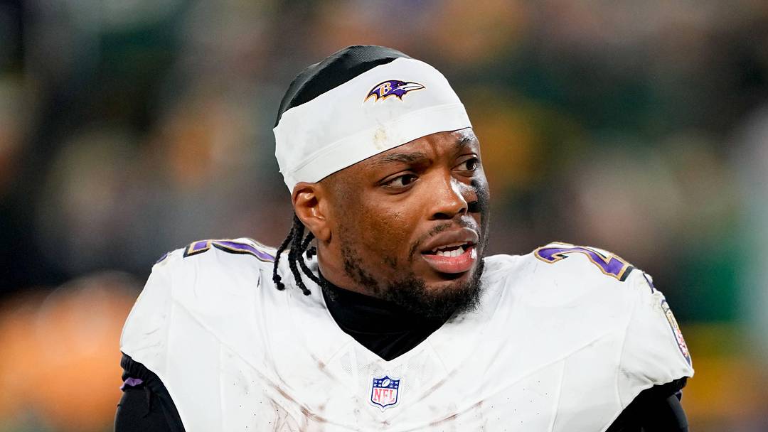 Dec 27, 2025; Green Bay, Wisconsin, USA; Baltimore Ravens running back Derrick Henry (22) talks to a referee during the second quarter against the Green Bay Packers at Lambeau Field. Mandatory Credit: Jeff Hanisch-Imagn Images Dec 27, 2025; Green Bay, Wisconsin, USA; Baltimore Ravens running back Derrick Henry (22) talks to a referee during the second quarter against the Green Bay Packers at Lambeau Field. Mandatory Credit: Jeff Hanisch-Imagn Images