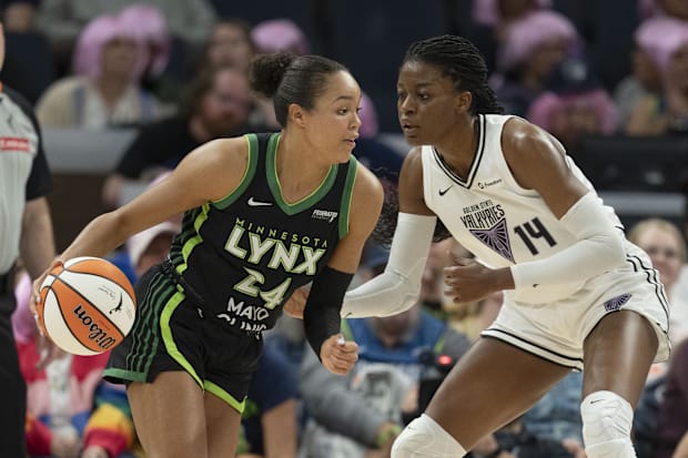 Minnesota Lynx forward Napheesa Collier (24) dribbles against Golden State Valkyries center Temi Fagbenle (14) 