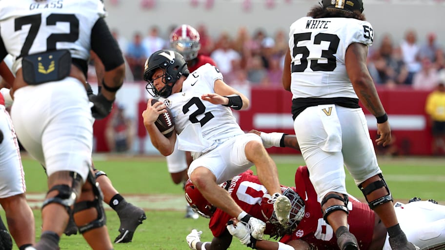 Vanderbilt quarterback Diego Pavia is tackled during the second half against Alabama.