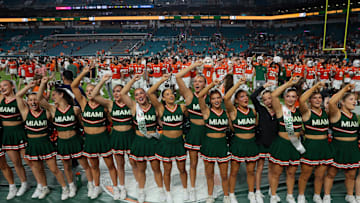 Nov 15, 2025; Miami Gardens, Florida, USA; University of Miami cheerleaders sing after the game against NC State Wolfpack at Hard Rock Stadium. Mandatory Credit: Sam Navarro-Imagn Images