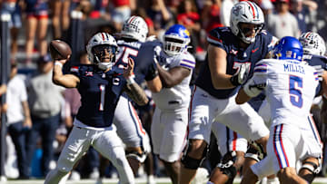 Nov 8, 2025; Tucson, Arizona, USA; Arizona Wildcats quarterback Noah Fifita (1) against the Kansas Jayhawks in the first half at Arizona Stadium. Mandatory Credit: Mark J. Rebilas-Imagn Images