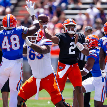 Florida Gators quarterback DJ Lagway (2) finds a receiver in the first half during the Orange and Blue game at Ben Hill Griffin Stadium in Gainesville, FL on Saturday, April 13, 2024 [Doug Engle/Gainesville Sun]2024