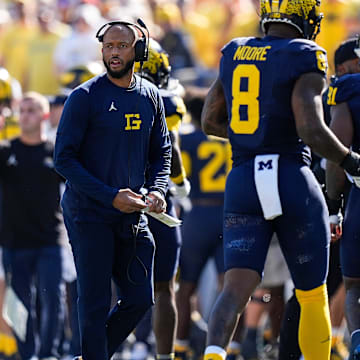 Michigan defensive back coach LaMar Morgan looks on after a play against USC during the first half at Michigan Stadium in Ann Arbor on Saturday, Sept. 21, 2024.