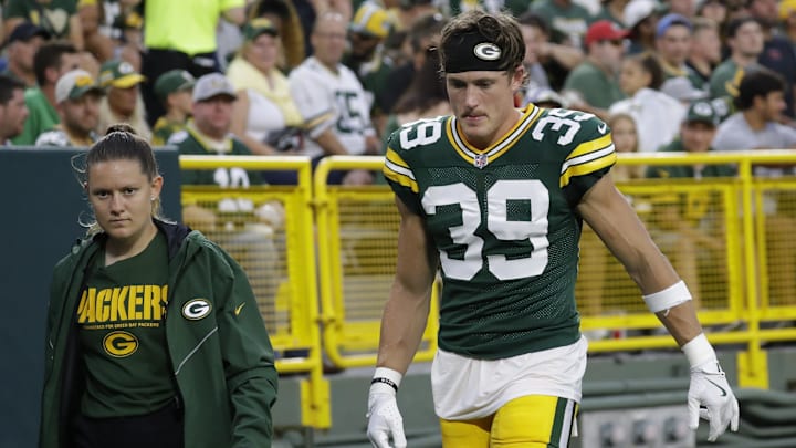 Green Bay Packers safety Zayne Anderson (39) leaves the field after sustaining a knee injury against the New York Jets.