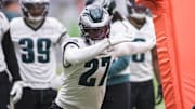 May 28, 2025; Philadelphia, PA, USA; Philadelphia Eagles cornerback Quinyon Mitchell (27) during OTAs at NovaCare Complex. Mandatory Credit: Bill Streicher-Imagn Images