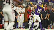 Sep 14, 2025; Minneapolis, Minnesota, USA; Minnesota Vikings wide receiver Adam Thielen (19) celebrates first down during the first half Atlanta Falcons at U.S. Bank Stadium. Mandatory Credit: Matt Krohn-Imagn Images
