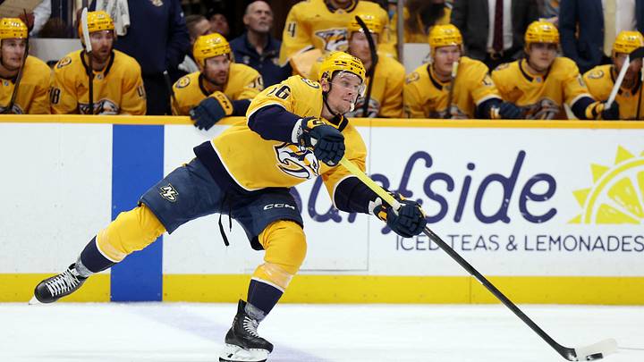 Apr 13, 2026; Nashville, Tennessee, USA; Nashville Predators left wing Erik Haula (56) passes the puck during the third period of their game against the San Jose Sharks at Bridgestone Arena. Mandatory Credit: Alan Poizner-Imagn Images Apr 13, 2026; Nashville, Tennessee, USA; Nashville Predators left wing Erik Haula (56) passes the puck during the third period of their game against the San Jose Sharks at Bridgestone Arena. Mandatory Credit: Alan Poizner-Imagn Images