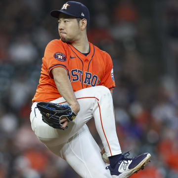 Aug 2, 2024; Houston, Texas, USA; Houston Astros starting pitcher Yusei Kikuchi (16) delivers a pitch during the first inning against the Tampa Bay Rays at Minute Maid Park.