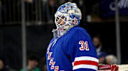 Mar 16, 2025; New York, New York, USA; New York Rangers goalie Igor Shesterkin (31) during the first period against the Edmonton Oilers at Madison Square Garden. Mandatory Credit: Danny Wild-Imagn Images