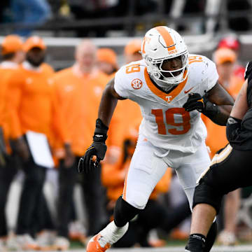 Nov 30, 2024; Nashville, Tennessee, USA;  Tennessee Volunteers defensive lineman Joshua Josephs (19) rushes the passer against the Vanderbilt Commodores during the second half at FirstBank Stadium. Mandatory Credit: Steve Roberts-Imagn Images
