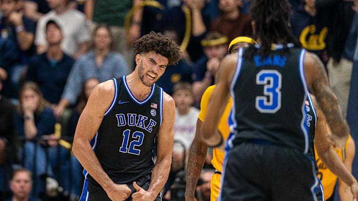 Jan 14, 2026; Berkeley, California, USA; Duke basketball forward Cameron Boozer (12) celebrates after dunking the basketball against the California Golden Bears during the second half at Haas Pavilion.