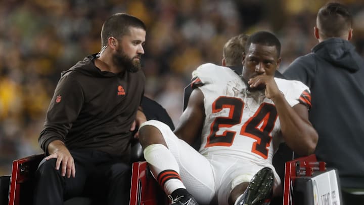 Sep 18, 2023; Pittsburgh, Pennsylvania, USA;  Cleveland Browns running back Nick Chubb (24) is taken