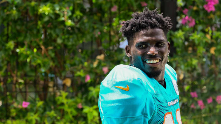 Aug 6, 2024; Miami Gardens, FL, USA; Miami Dolphins wide receiver Tyreek Hill (10) looks on after a joint practice with the Atlanta Falcons at Baptist Health Training Complex. Mandatory Credit: Sam Navarro-USA TODAY Sports