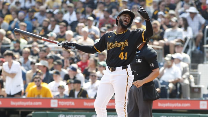 Aug 4, 2024; Pittsburgh, Pennsylvania, USA;  Pittsburgh Pirates right fielder Bryan De La Cruz (41) reacts after being called out on strikes via an appeal to first base against  the Arizona Diamondbacks at PNC Park. Mandatory Credit: Charles LeClaire-USA TODAY Sports