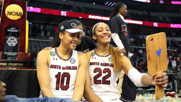 South Carolina basketball stars Allisha Gray and A'ja Wilson celebrating after the 2016-2017 National Championship