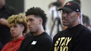 June 23, 2017; Los Angeles, CA, USA;  LaVar Ball the father of newly drafted Los Angeles Lakers player Lonzo Ball with sons LaMelo Ball and LiAngelo Ball in attendance at Toyota Sports Center. Mandatory Credit: Gary A. Vasquez-Imagn Images