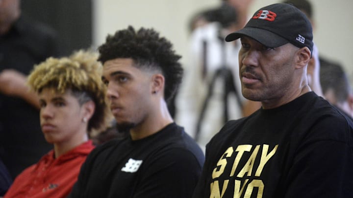 June 23, 2017; Los Angeles, CA, USA;  LaVar Ball the father of newly drafted Los Angeles Lakers player Lonzo Ball with sons LaMelo Ball and LiAngelo Ball in attendance at Toyota Sports Center. Mandatory Credit: Gary A. Vasquez-Imagn Images