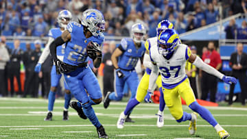 NFC Wild Card Playoffs - Los Angeles Rams v Detroit Lions, Jahmyr Gibbs, Quentin Lake