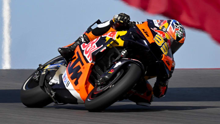 Apr 13, 2024; Austin, TX, USA; Brad Binder (33) of South Africa and Red Bull KTM Factory Racing rides during practice for the MotoGP Grand Prix of the Americas at Circuit of The Americas. Mandatory Credit: Jerome Miron-Imagn Images