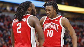 Mar 8, 2023; Chicago, IL, USA; Ohio State Buckeyes forward Brice Sensabaugh (10) celebrates a basket scored by guard Bruce Thornton (2) against the Wisconsin Badgers during the first half at United Center. Mandatory Credit: Kamil Krzaczynski-Imagn Images
