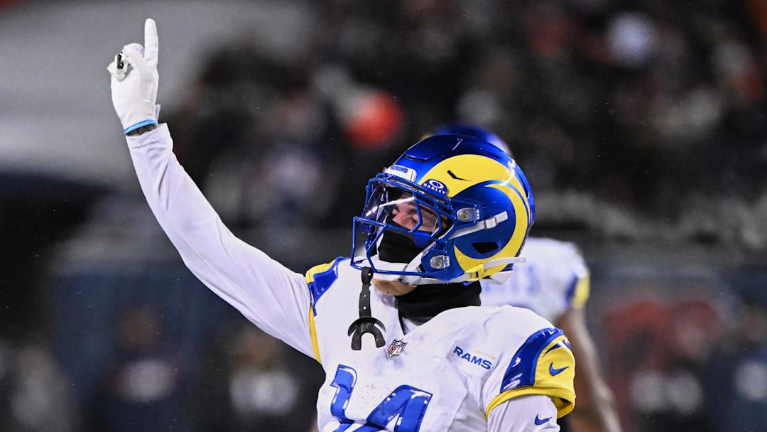 Jan 18, 2026; Chicago, IL, USA; Los Angeles Rams cornerback Cobie Durant (14) reacts to a rushing touchdown scored by running back Kyren Williams (not pictured) against the Chicago Bears during the fourth quarter of an NFC Divisional Round game at Soldier Field. Mandatory Credit: Matt Marton-Imagn Images
