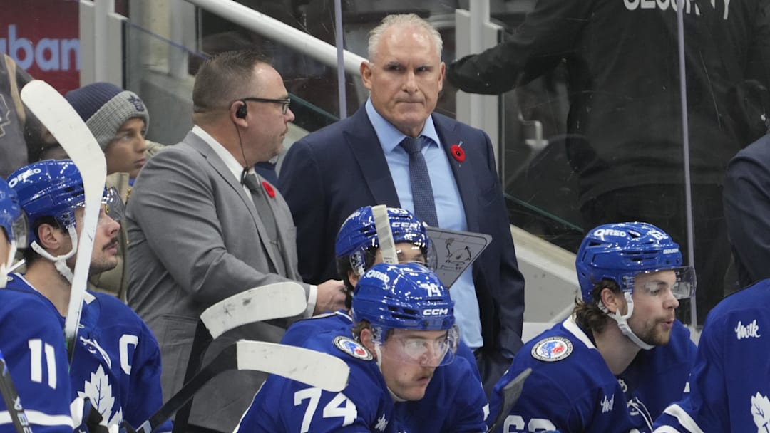Nov 9, 2025; Toronto, Ontario, CAN; Toronto Maple Leafs head coach Craig Berube scowls on the bench after a goal by the Carolina Hurricanes during the third period at Scotiabank Arena. Mandatory Credit: John E. Sokolowski-Imagn Images Nov 9, 2025; Toronto, Ontario, CAN; Toronto Maple Leafs head coach Craig Berube scowls on the bench after a goal by the Carolina Hurricanes during the third period at Scotiabank Arena. Mandatory Credit: John E. Sokolowski-Imagn Images