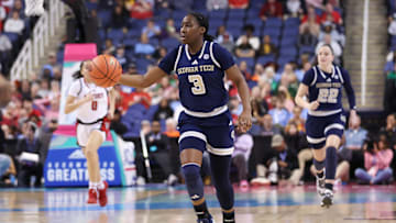Mar 7, 2025; Greensboro, NC, USA;  Georgia Tech Yellow Jackets guard Dani Carnegie (3) brings the ball down court during the second quarter against NC State Wolfpack at First Horizon Coliseum. Mandatory Credit: Cory Knowlton-Imagn Images