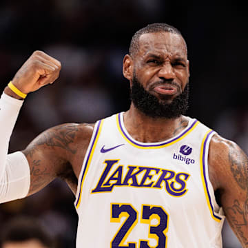 Apr 20, 2024; Denver, Colorado, USA; Los Angeles Lakers forward LeBron James (23) reacts during the third quarter against the Denver Nuggets in game one of the first round for the 2024 NBA playoffs at Ball Arena. Mandatory Credit: Andrew Wevers-Imagn Images