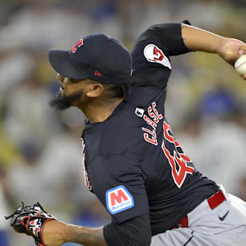 Cleveland Guardians relief pitcher Emmanuel Clase (48) earns a save in the ninth inning against the Los Angeles Dodgers at Dodger Stadium on Sept 6.