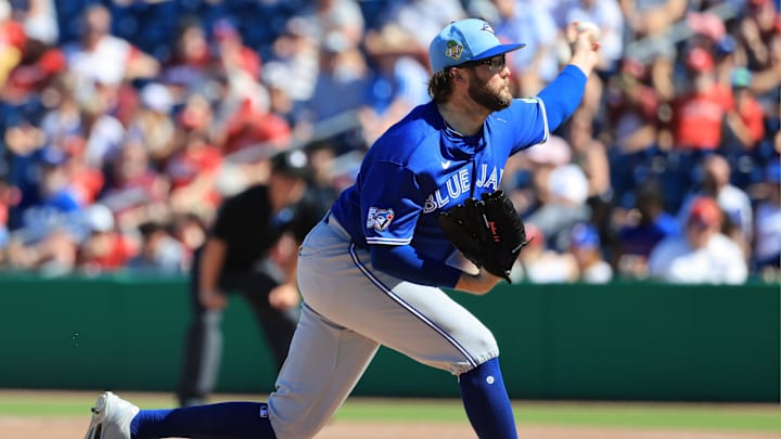 Mar 7, 2026; Clearwater, Florida, USA;  Toronto Blue Jays pitcher Josh Fleming (35) throws a pitch during the sixth inning against the Philadelphia Phillies at BayCare Ballpark. Mandatory Credit: Kim Klement Neitzel-Imagn Images