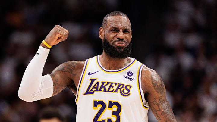 Apr 20, 2024; Denver, Colorado, USA; Los Angeles Lakers forward LeBron James (23) reacts during the third quarter against the Denver Nuggets in game one of the first round for the 2024 NBA playoffs at Ball Arena. Mandatory Credit: Andrew Wevers-Imagn Images