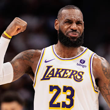 Apr 20, 2024; Denver, Colorado, USA; Los Angeles Lakers forward LeBron James (23) reacts during the third quarter against the Denver Nuggets in game one of the first round for the 2024 NBA playoffs at Ball Arena. Mandatory Credit: Andrew Wevers-Imagn Images