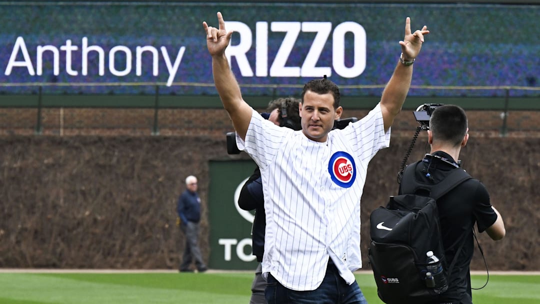 Anthony Rizzo waves to fans during Opening Day ceremonies before a game against the Washington Nationals at Wrigley Field. 