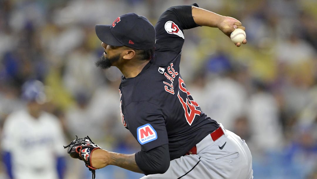 Sep 6, 2024; Los Angeles, California, USA;  Cleveland Guardians relief pitcher Emmanuel Clase (48) earns a save in the ninth inning against the Los Angeles Dodgers at Dodger Stadium.