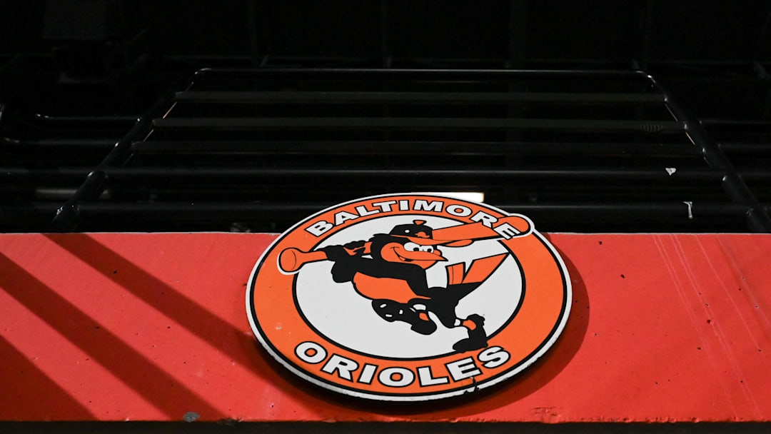 Sep 30, 2023; Baltimore, Maryland, USA; A detailed view of a Baltimore Orioles logo in the stands during the game against the Boston Red Sox  at Oriole Park at Camden Yards. Mandatory Credit: Tommy Gilligan-Imagn Images
