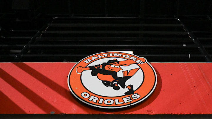 Sep 30, 2023; Baltimore, Maryland, USA; A detailed view of a Baltimore Orioles logo in the stands during the game against the Boston Red Sox  at Oriole Park at Camden Yards. Mandatory Credit: Tommy Gilligan-Imagn Images