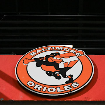 Sep 30, 2023; Baltimore, Maryland, USA; A detailed view of a Baltimore Orioles logo in the stands during the game against the Boston Red Sox  at Oriole Park at Camden Yards. Mandatory Credit: Tommy Gilligan-Imagn Images