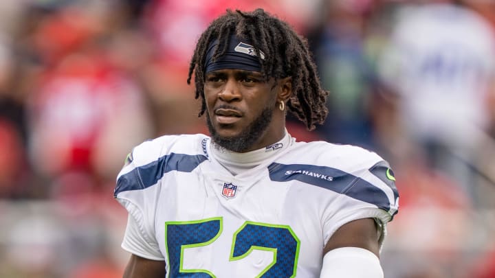 September 18, 2022; Santa Clara, California, USA; Seattle Seahawks defensive end Darrell Taylor (52) during halftime against the San Francisco 49ers at Levi's Stadium. Mandatory Credit: Kyle Terada-USA TODAY Sports