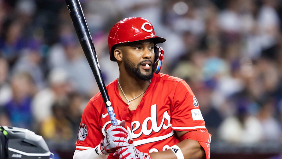 Aug 24, 2025; Phoenix, Arizona, USA; Cincinnati Reds outfielder Miguel Andujar against the Arizona Diamondbacks at Chase Field. Mandatory Credit: Mark J. Rebilas-Imagn Images