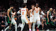 Nov 12, 2024; Boston, Massachusetts, USA; Atlanta Hawks forward Onyeka Okongwu (17) reacts after his basket to put the Hawks in the lead against the Boston Celtics in the fourth quarter at TD Garden. Mandatory Credit: David Butler II-Imagn Images